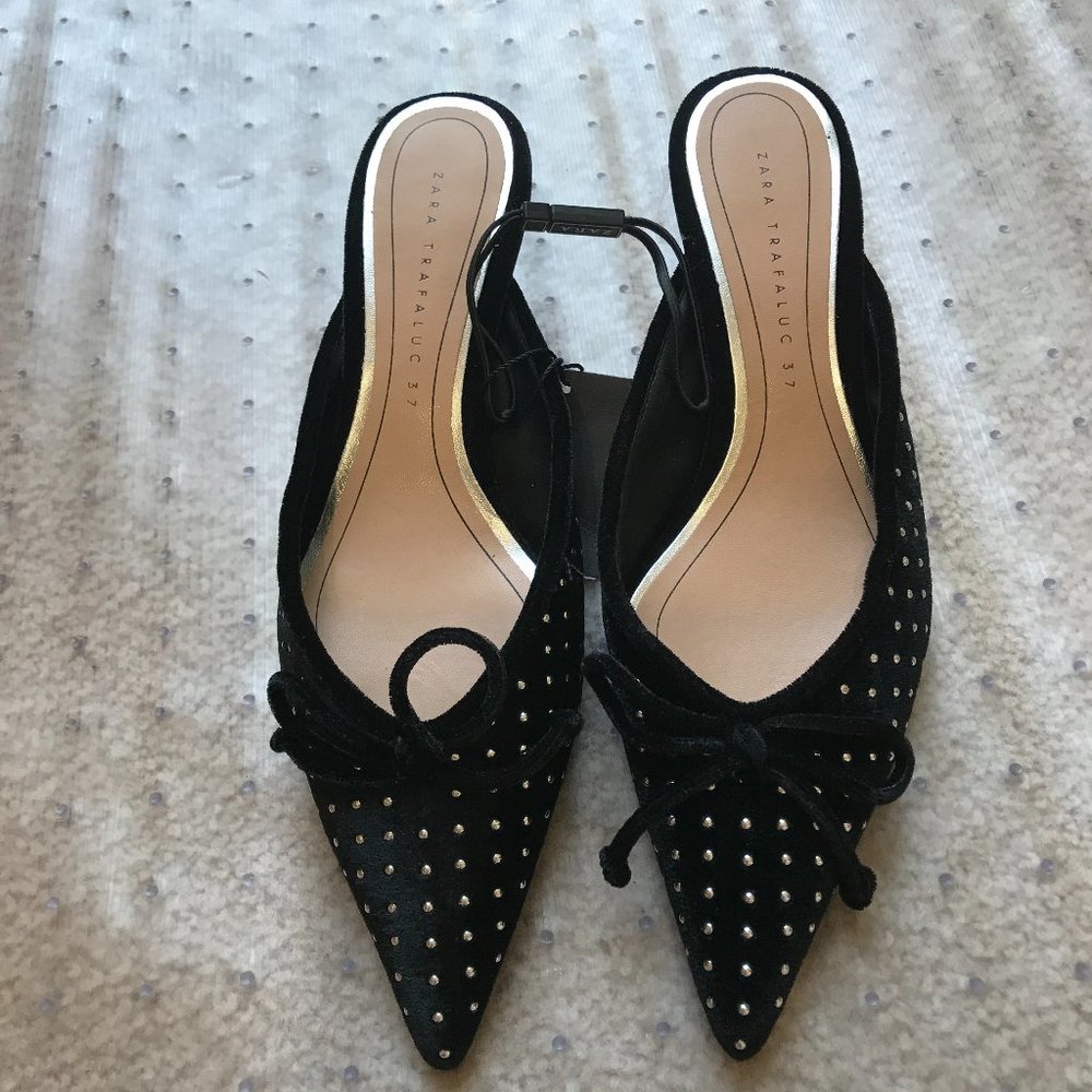 ZARA Black Mule with bow tie and silver beads New